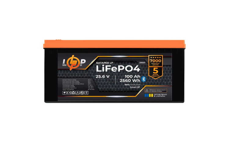 Аккумулятор LP LiFePO4 25,6V - 100 Ah (2560Wh) (BMS 100A/50А) пластик Smart BT