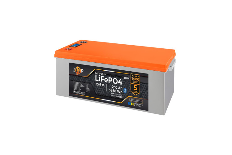 Аккумулятор LP LiFePO4 25,6V - 230 Ah (5888Wh) (BMS 200A/200А) пластик LCD Smart BT