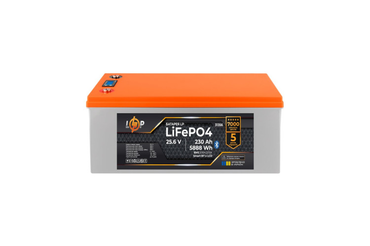 Аккумулятор LP LiFePO4 25,6V - 230 Ah (5888Wh) (BMS 200A/200А) пластик LCD Smart BT